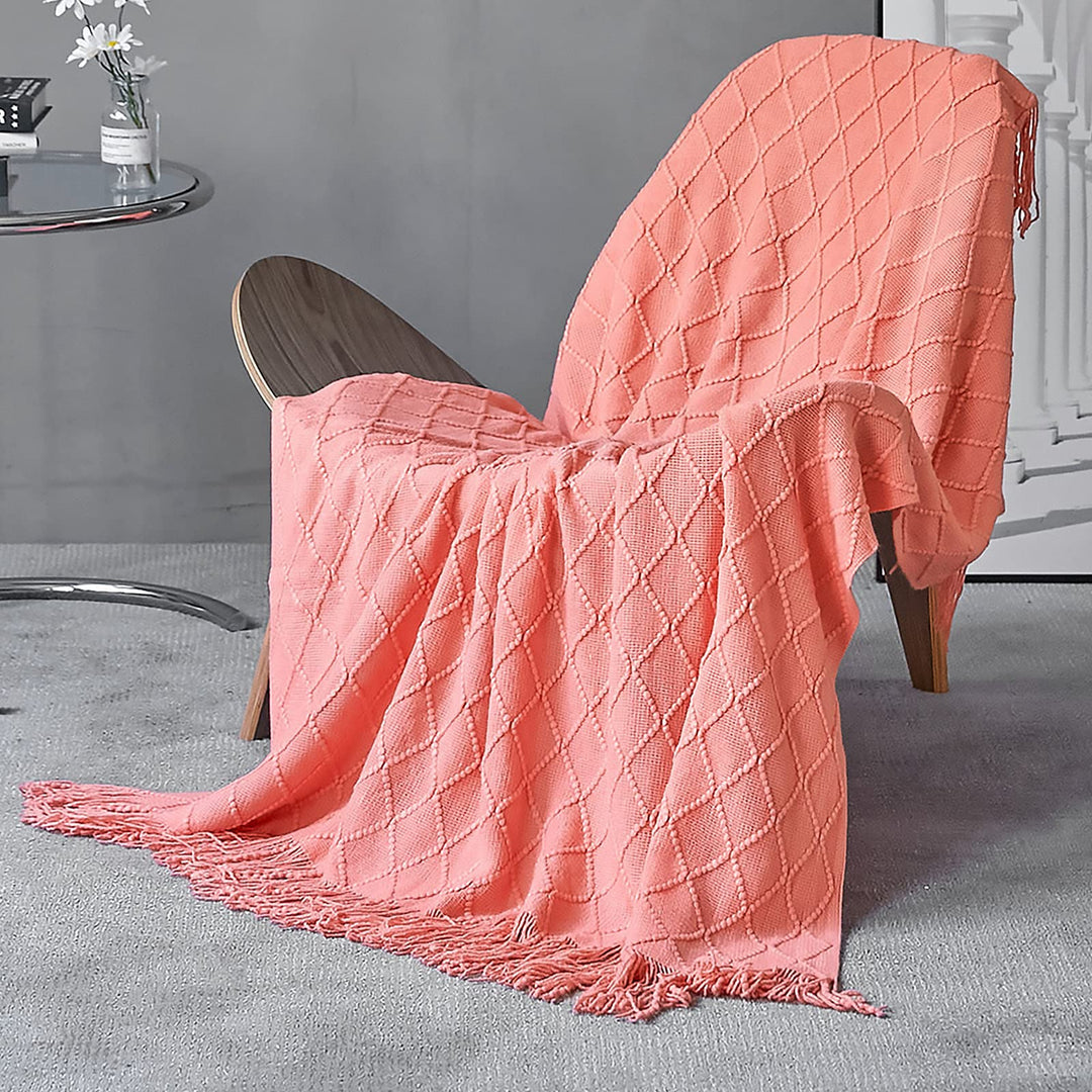 LumiSyne Gestrickte Decke Mit Quaste Einfarbig Geometrische Muster Kuscheldecke Strickdecke Tagesdec