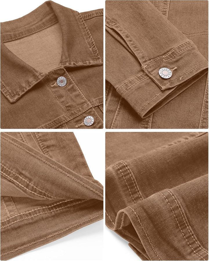Roskiky Jeansjacken Damen Jean Stretchy Langarm Trucker Jacke mit Tasche S Braun, S Braun