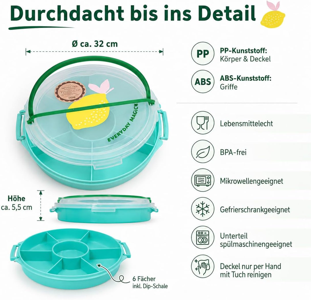 Rice Serviertablett rund Ø 32 cm mit Deckel & Tragegriff – Snack- & Partyplatte mit Fächern, BPA-fre