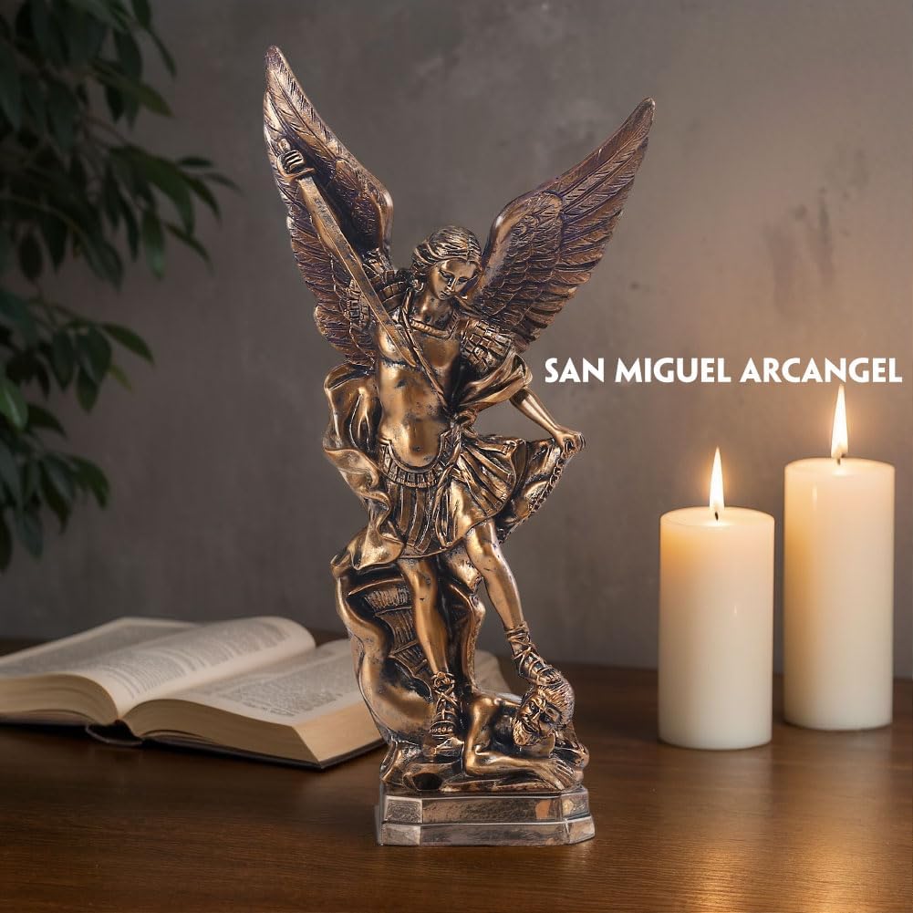 QIANLING 31,8 cm San Miguel Erzengel Statue, St. Michael Statue aus bronzeiertem Harz, St. Michael d