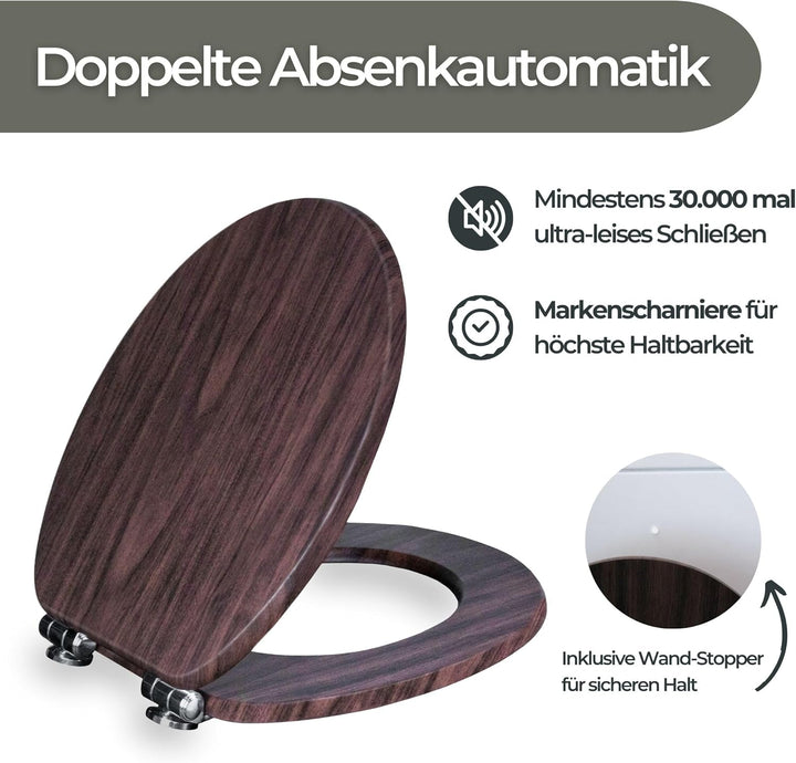 WC-Sitz mit Absenkautomatik Holz – stabiler Toilettendeckel Holz mit Spezialscharnieren, Klodeckel H