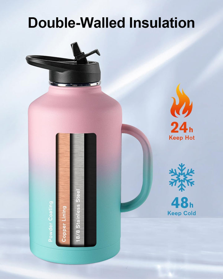Trebo 1,8 l Wasserflasche isoliert mit Strohhalm und 2 Deckeln, doppelwandig, Vakuum, Edelstahl, Met