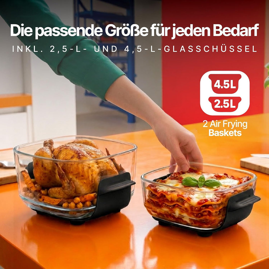 Seeger ClearFry Glas Heissluftfritteuse mit 6 Zubereitungsfunktionen | PFAS-Frei, 2 Glasbehälter (4.