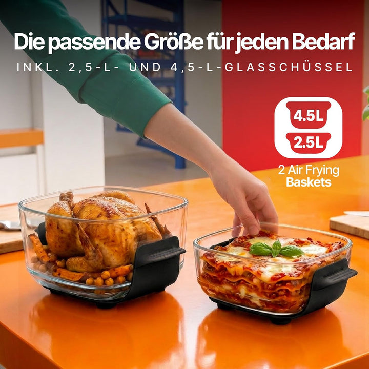Seeger ClearFry Glas Heissluftfritteuse mit 6 Zubereitungsfunktionen | PFAS-Frei, 2 Glasbehälter (4.