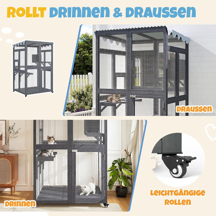 Katzengehege für den Aussenbereich,84x100x165cm | Wasserdicht Seitliche Tür Mobil Klein Katzenhaus