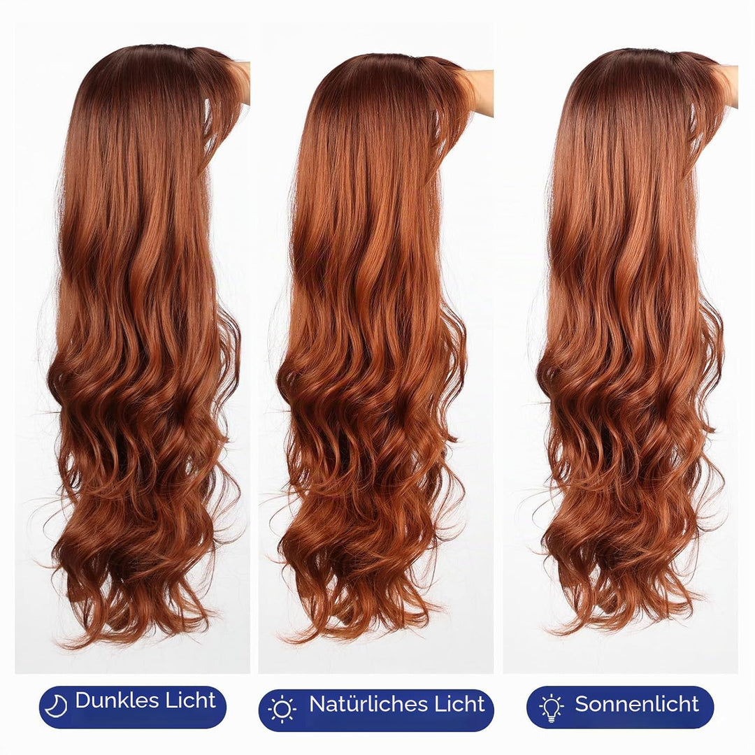 HAIRCUBE Auburn Perücke mit Bangs für Frauen Auburn Lange Wellen Haar Perücke Curly Wellen synthetis