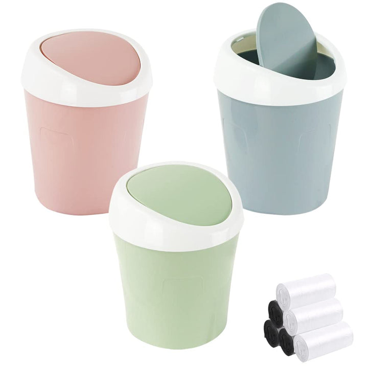 3 Stücke Mini Mülleimer, QLFJ-FurDec Tischmülleimer mit Schwingdeckel mit 6 Rollen Müllsäcke, Kompak