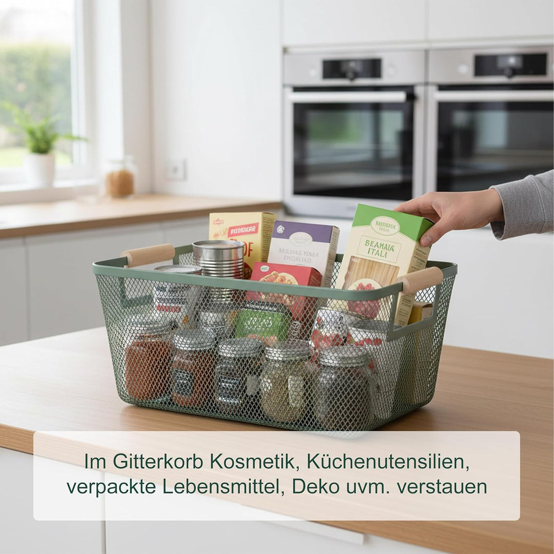 Relaxdays Drahtkorb mit Holzgriffen, eckig, Aufbewahrungskorb Metall, HBT 16,5 x 37 x 22,5 cm, Korb