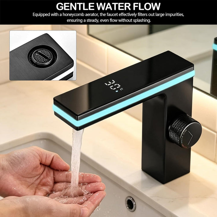 Mischbatterie Wasserhahn Badezimmer, Wasserhahn Bad Schwarz mit LED-Temperaturanzeige Digitalanzeige