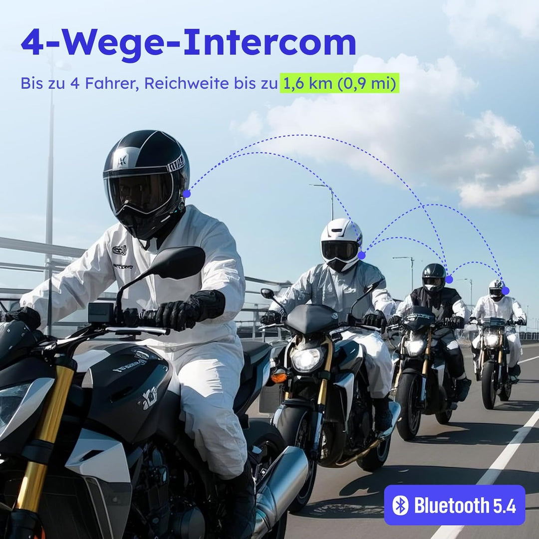 Motorrad Headset, 4 Fahrer Bluetooth Intercom, Motorrad Kommunikationssystem mit Universeller Kopplu