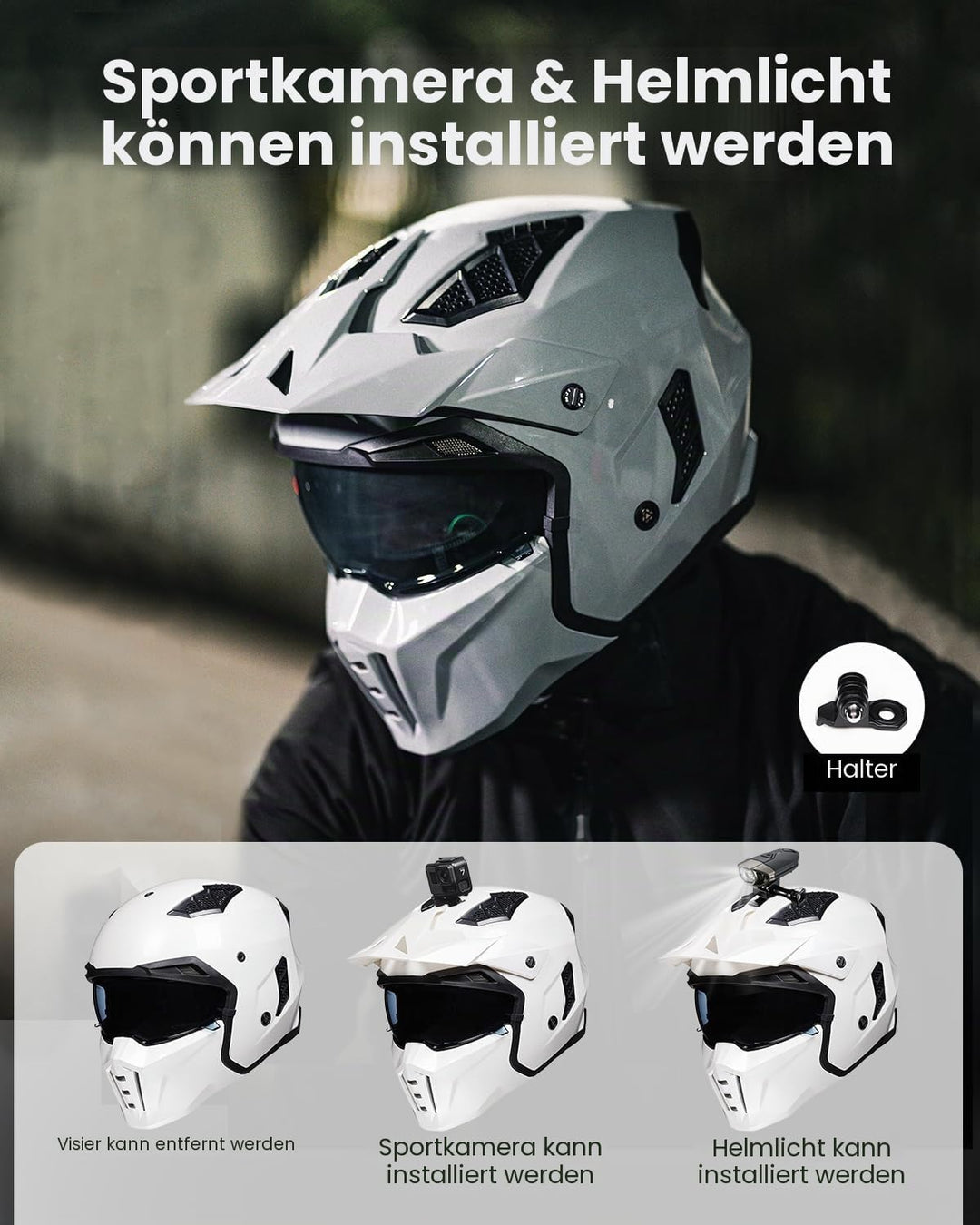 ILM Helm Motorrad Motocross Herren Damen Vintage Retro mit Visier ECE Model Z302,Weiss, M M Weiss, M