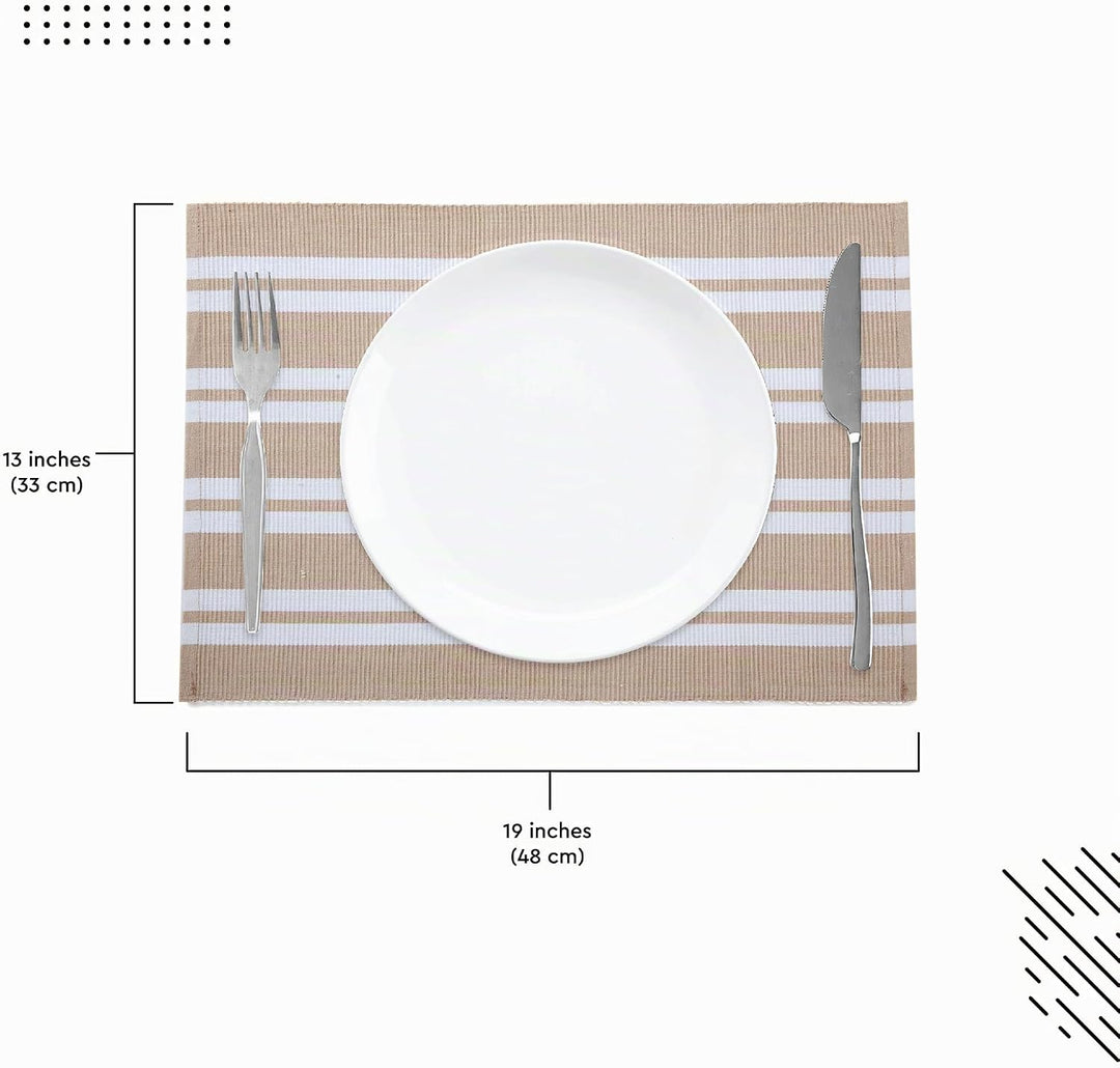 Encasa XO Platzsets Esstisch Set von 6 | Franca Beige Streifen | Fein gerippte Baumwoll-Tischunterla