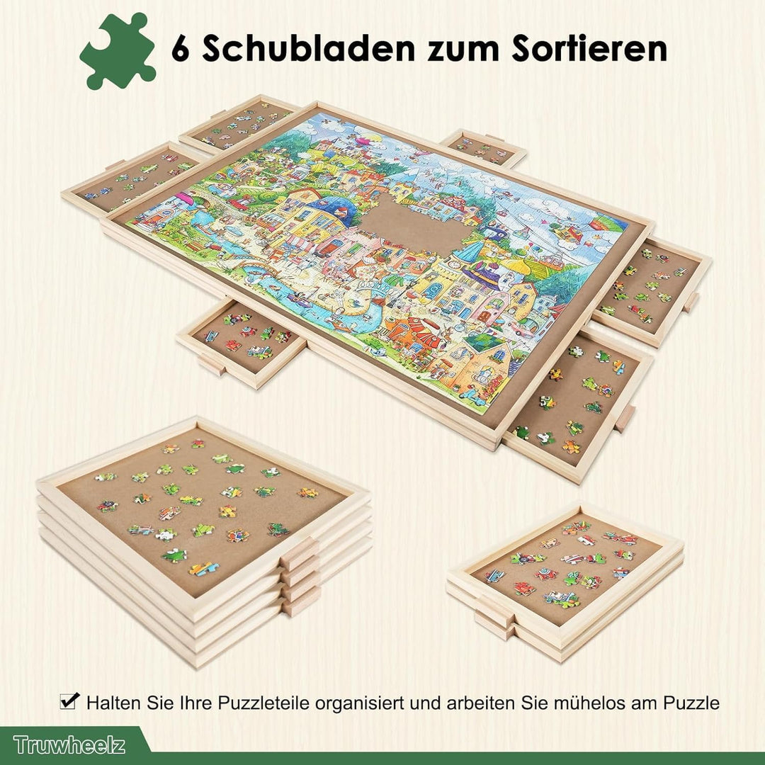 1000 Teile rotierendes Puzzlebrett mit 6 Schubladen und Abdeckung, 67,6 x 57 cm tragbarer Holzpuzzle
