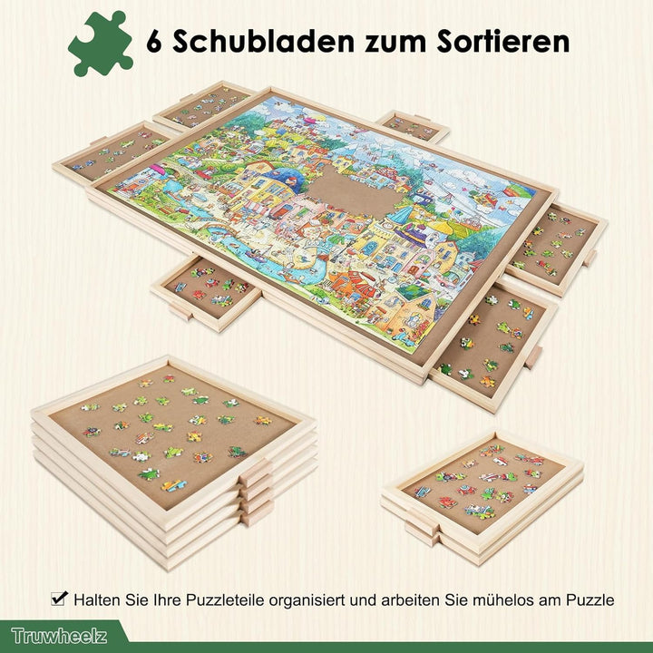 1000 Teile rotierendes Puzzlebrett mit 6 Schubladen und Abdeckung, 67,6 x 57 cm tragbarer Holzpuzzle