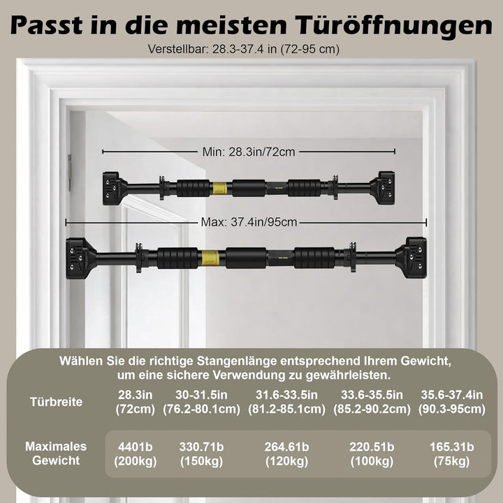 Length Adjustable Pull Up Bar for Doorway - 200KG Capacity 72-95 CM No Screw Home Gym Exercise Equip