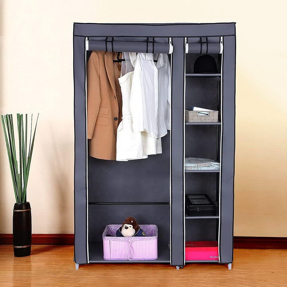LEADZM Kleiderschrank, Stoffschrank, Garderobe Faltschrank mit Kleiderstange und Ablagen, Stabiler S