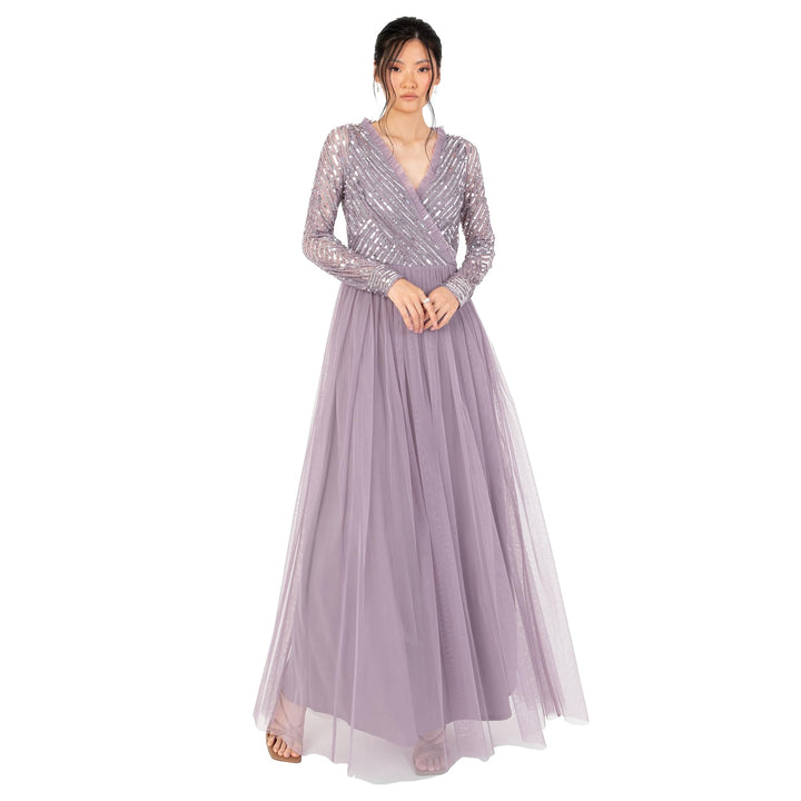 Maya Deluxe Damen Women's Maxi Ladies Embellished Wrap Tulle Frilly V-Neck Long Sleeve for Wedding G