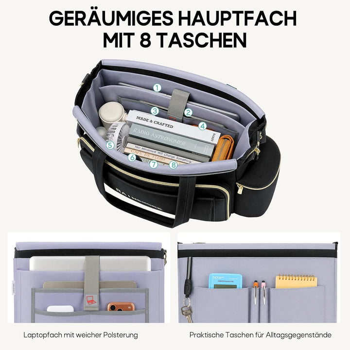 RAINSMORE Lehrertasche Damen Gross Laptoptasche, 15,6 Zoll, Schwarz | Arbeitstasche Isolierfach und