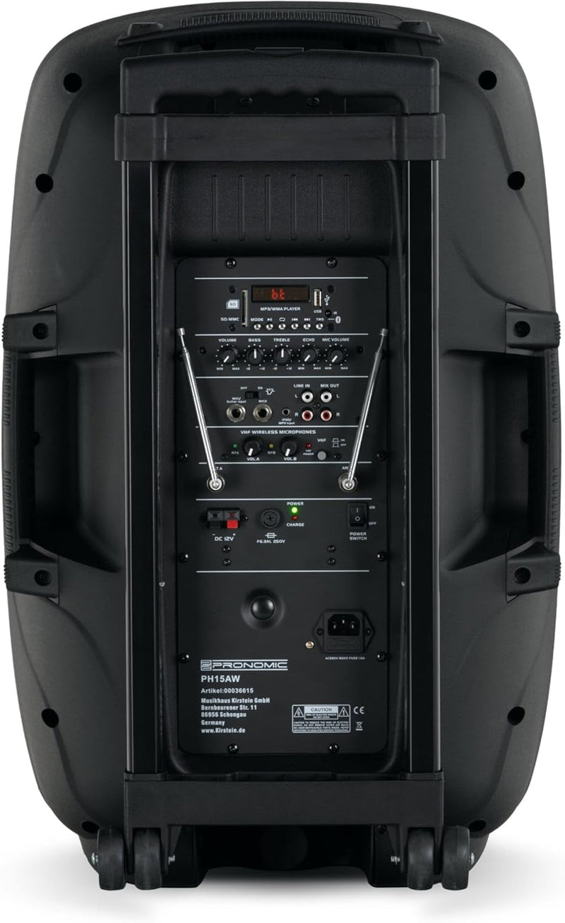 Pronomic PH15AW Akku-Aktivbox 15" (Trolley Box, 15" Speaker, 100 Watt (RMS), 5 Stunden Laufzeit, Blu
