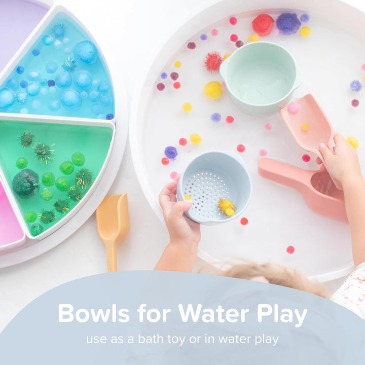 Inspire My Play – 3 x - Natur Stapelbare Silikonschalen und Sieb – Perfektes Zubehör für Sensory Pla