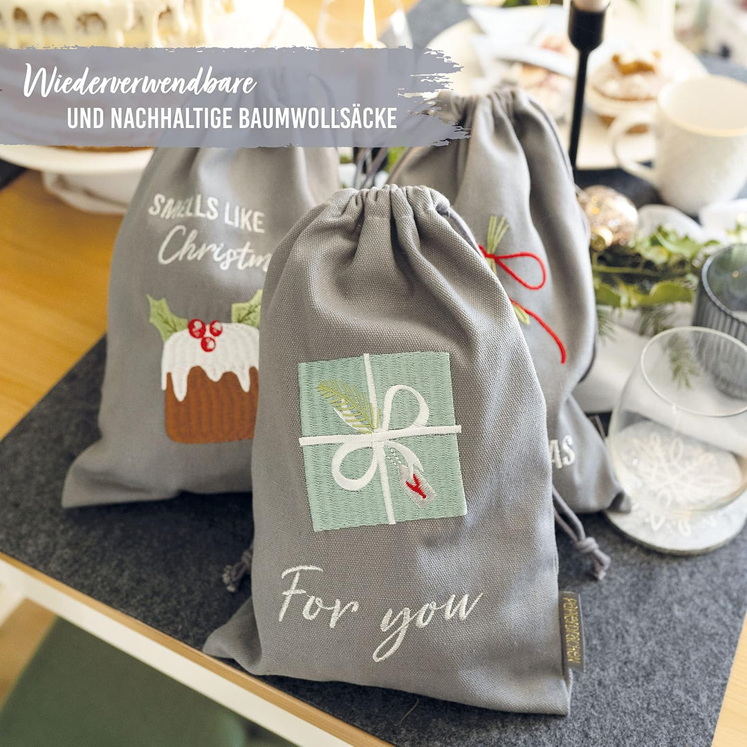 Papierdrachen Geschenkverpackung Weihnachten 2025 - Stoffbeutel 3er Set - 20x30 cm - grau - mit Stic
