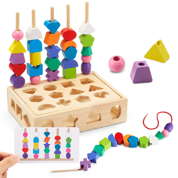 Montessori Spielzeug ab 3 4 5 Jahre Motorikspielzeug Fädelspiel Bausteine Sortierspiel für Kinder, H