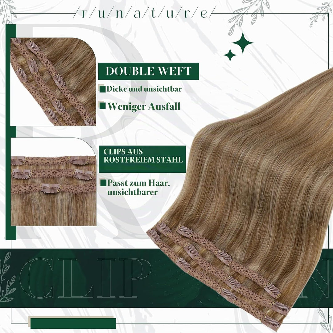 RUNATURE Clip in Extensions Echthaar 25cm Seamless Dunkelblond Mit Goldblond 50g 3 Stück Haarverläng