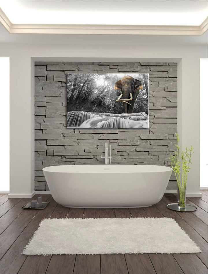 riesiger Elefant am Bach schwarz/weiss Format: 100x70 auf Leinwand, XXL riesige Bilder fertig gerahm