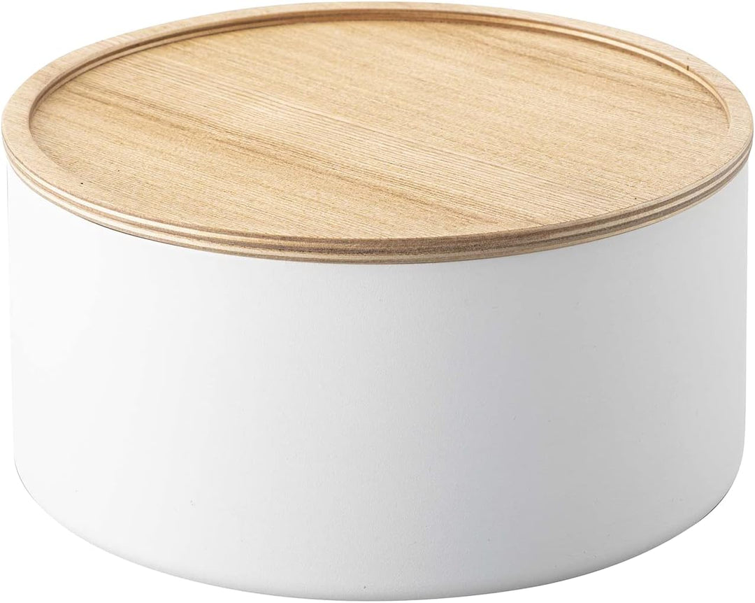 YAMAZAKI 5803 RIN Aufbewahrungsbehälter mit Deckel, rund, tief, weiss, Stahl/Holz, Minimalistisches
