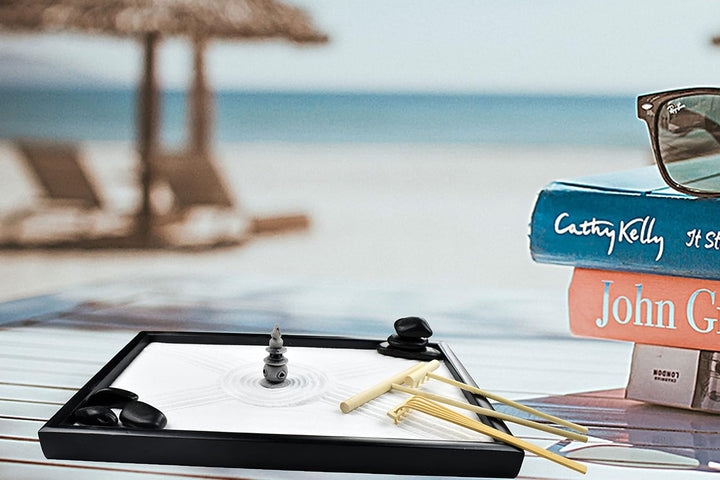 Artcome Japanese Zen Sand Garden for Desk with Rake, Stand, Rocks and Mini Furnishing Articles - Off