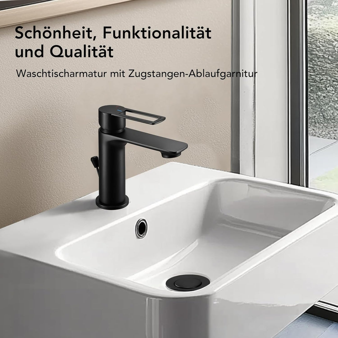 Wasserhahn Bad mit Zugstange, Einhebel-Waschtischarmatur mit Ablaufgarnitur, Schwarz Einhandmischer