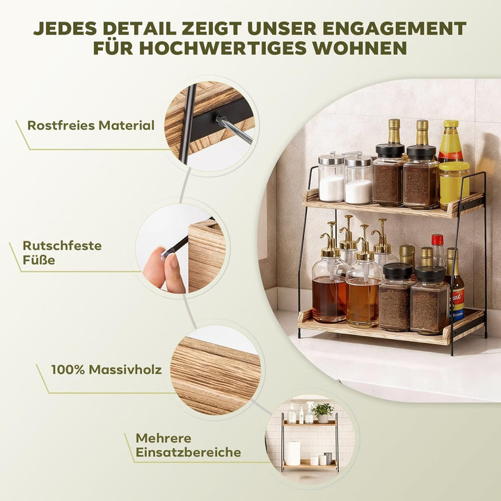 2-stufiges Organizer-Regal aus Holz & Metall | Kaffee- und Küchenregal mit Arbeitsplatte | Für Kosme