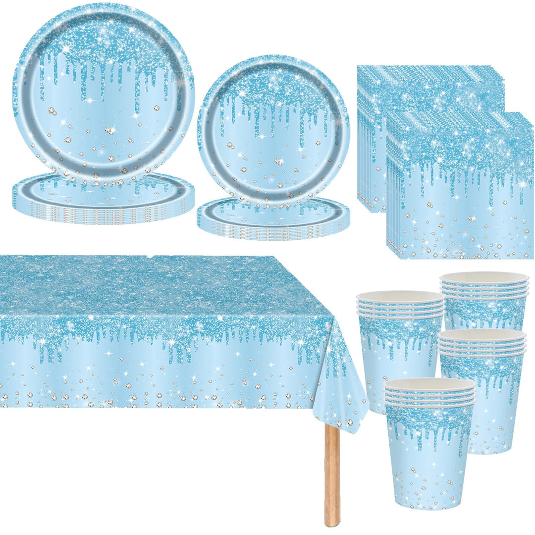 Hellblau Partygeschirr,81 Stück Baby Blau Diamant Pappteller Set Pappteller, Pappbecher,Servietten u