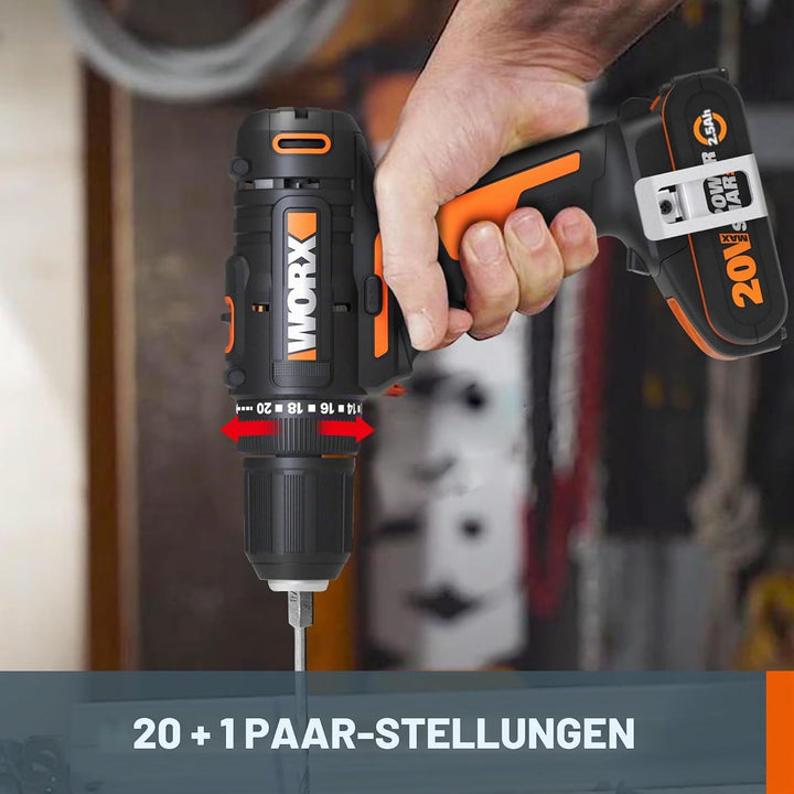 WORX WX108 Akku Bohrschrauber 20V – Allrounder Schrauber zum Bohren & Schrauben – zweistufiger Drehz