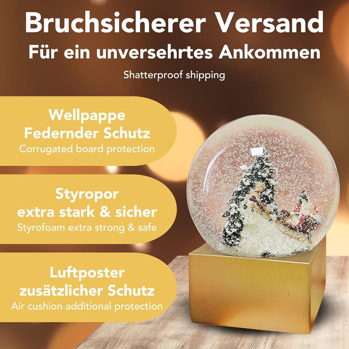 Weihnachts-Schneekugel | Weihnachtsmann mit Geschenken | Farbe rot Gold | 100mm breit, 120mm hoch |