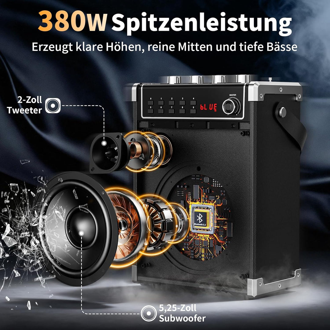 JYX Karaoke-Maschine mit 2 UHF-Funkmikrofonen, Bluetooth-Lautsprecher mit Bass-/Höhen-Einstellung un