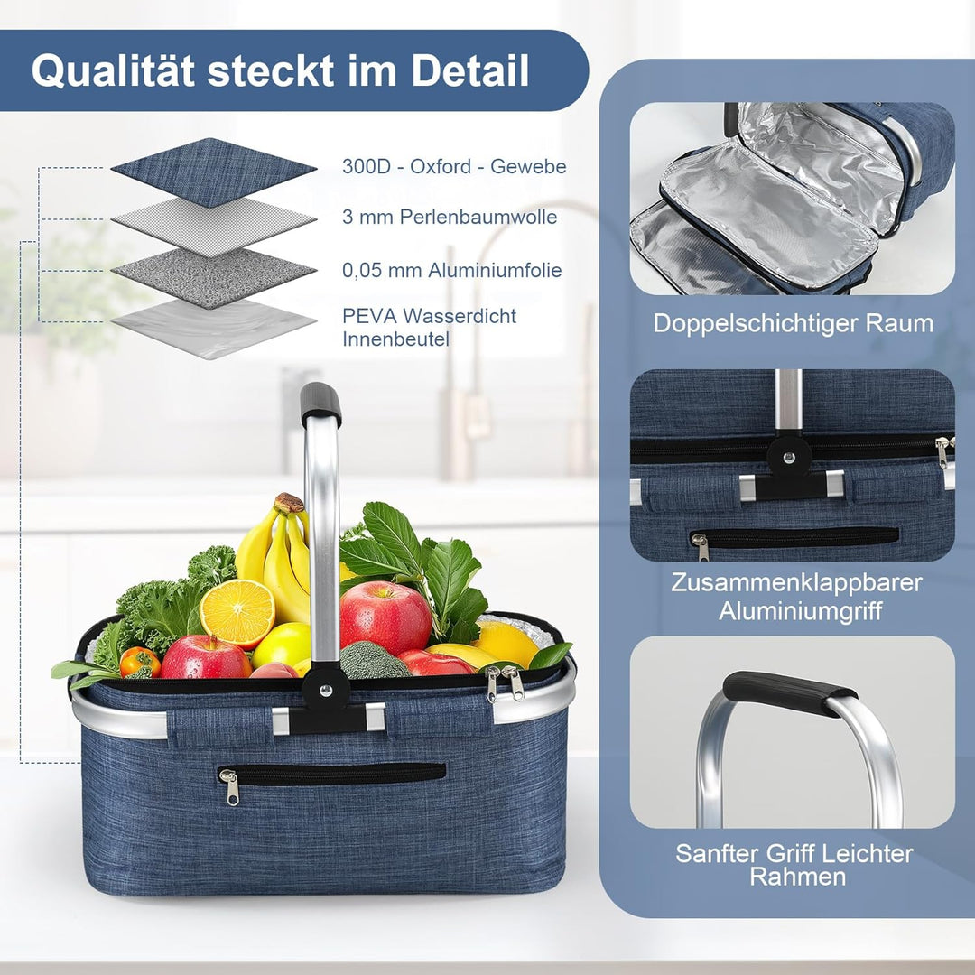 Nagoyuki 30L Einkaufskorb, Kühltasche, Faltbarer Kühlkorb, Doppellagige Einkaufstasche, Praktischer