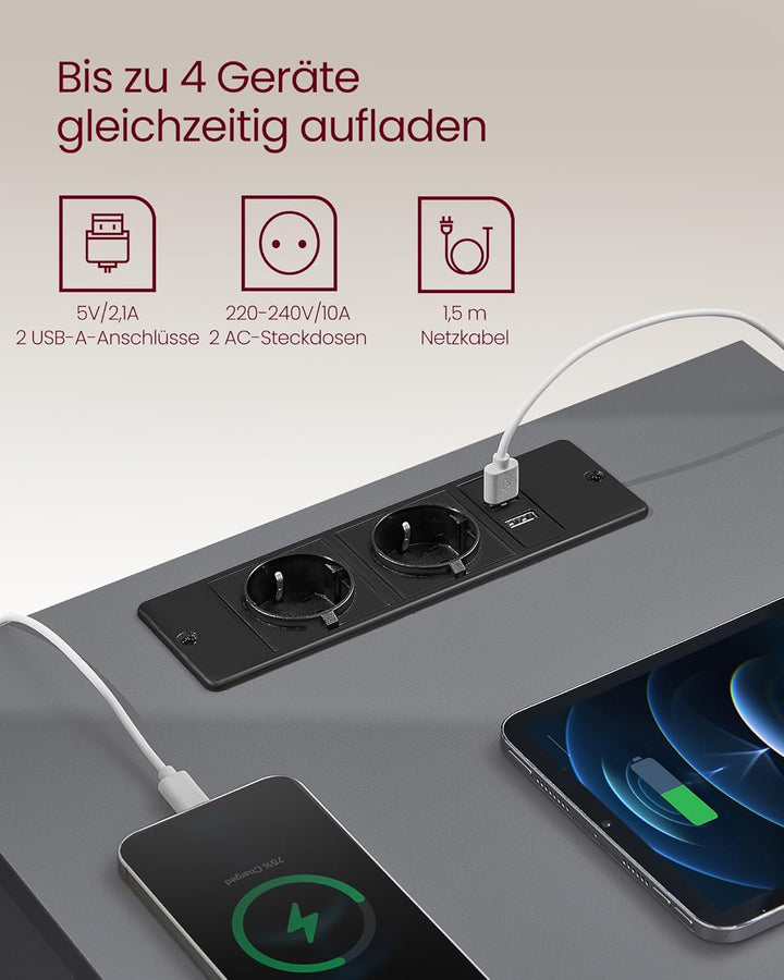 VASAGLE Kailyn Collection - Nachttisch mit Steckdosenleiste, 2er Set, Beistelltisch, 3 Schubladen, 2
