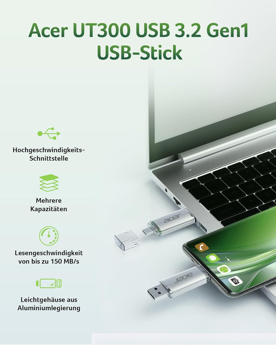 Acer USB-Stick UT300 256GB USB 3.2 Gen1, bis zu 150 MB/s, mit Dual-Anschluss Typ-A & Typ-C Flash Dri