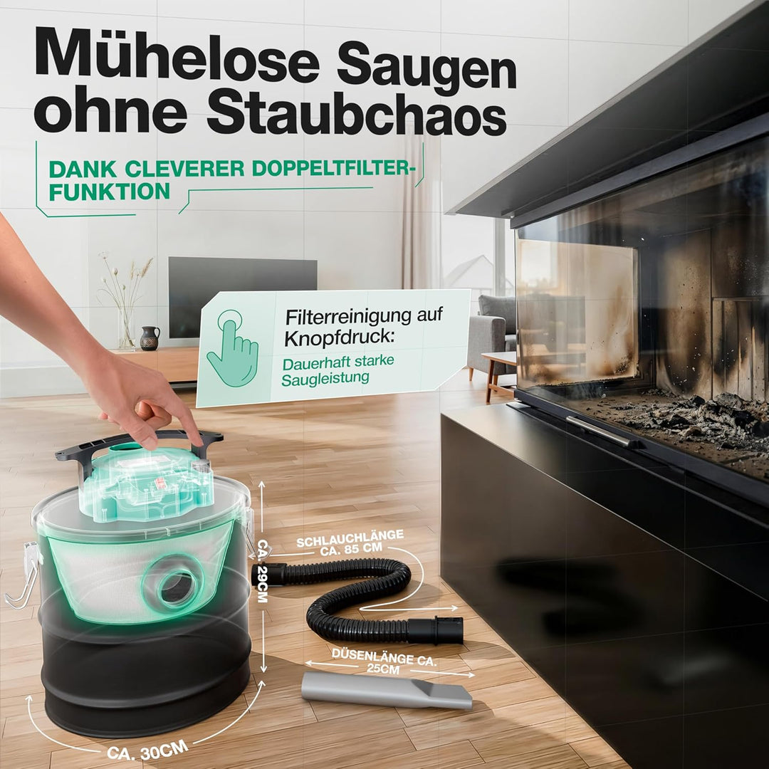 Aschesauger, 18L Tankvolumen, 1200 W Leistung, inkl. HEPA-Filter und Staubfilter, Aschesauger für Ka