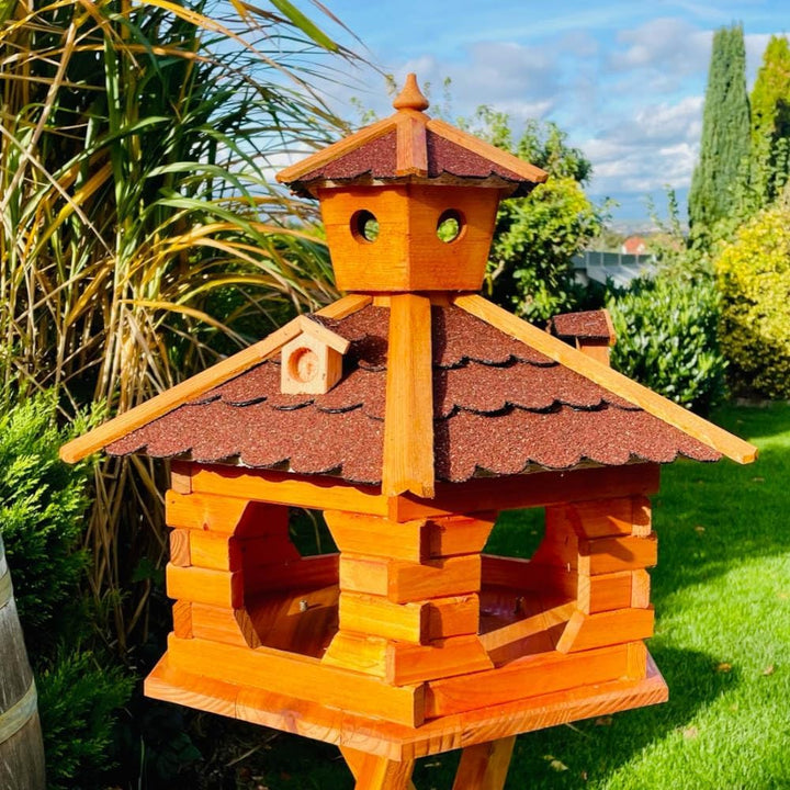 Handgefertigtes Sechseck Vogelhaus aus Holz wetterfest M - XXL mit und ohne Ständer, Futterhaus, Fut
