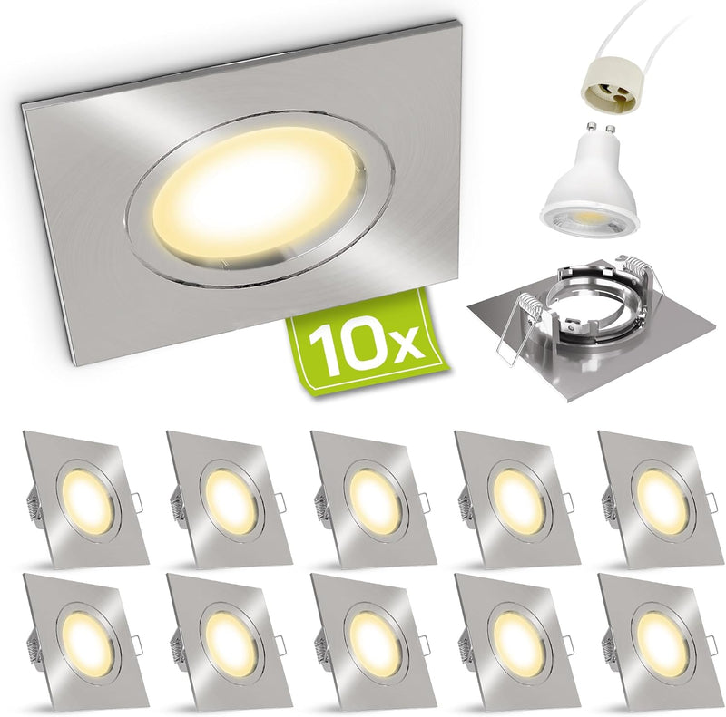 linovum 10 Stück Design LED Einbaustrahler Set eckig Edelstahl Optik gebürstet für 230V mit 2W GU10