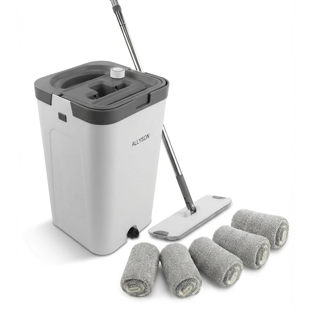 Allyson® Wischmopp Set Bodenwischer inkl. 5 Mops, 3-Kammer Wischmopp Set mit Eimer, Mob Wischer mit