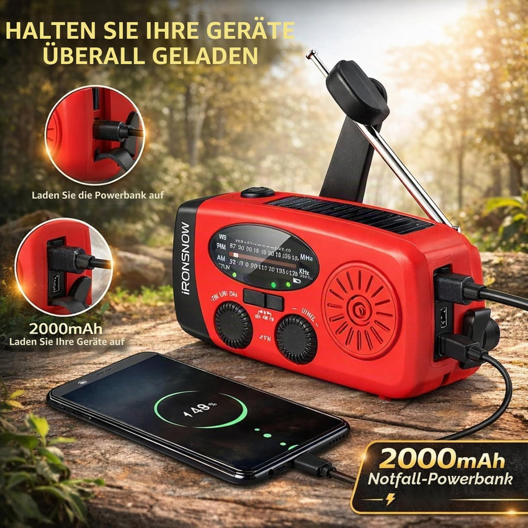 Kurbelradio Notfallradio Solarradio AM/FM, Powerbank 2000mAh, LED Taschenlampe, SOS-Alarm, USB-C, Ha