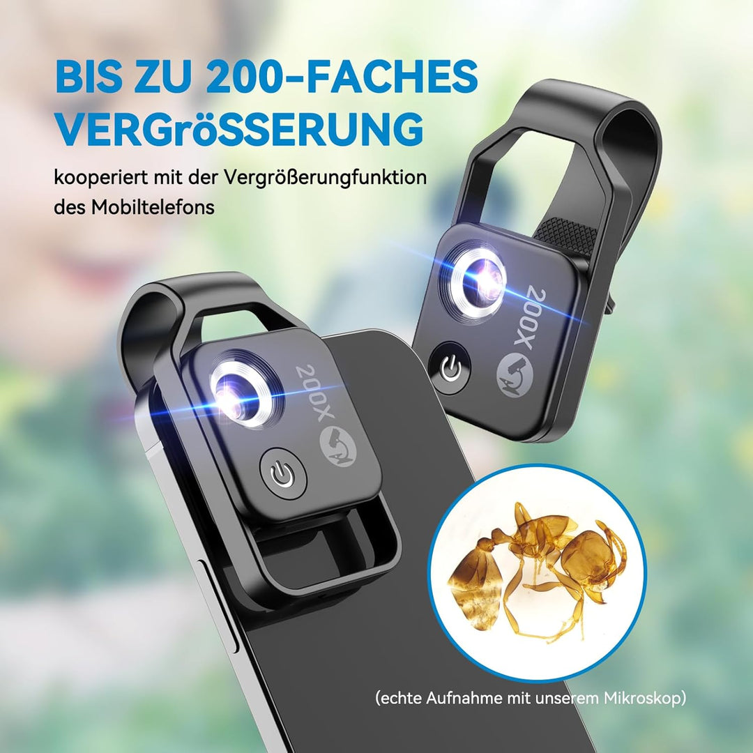 200 x Telefonmikroskop für Kinder Mini-Mikroskop mit CPL 2 Helligkeitsmodi Keine App erforderlich fü