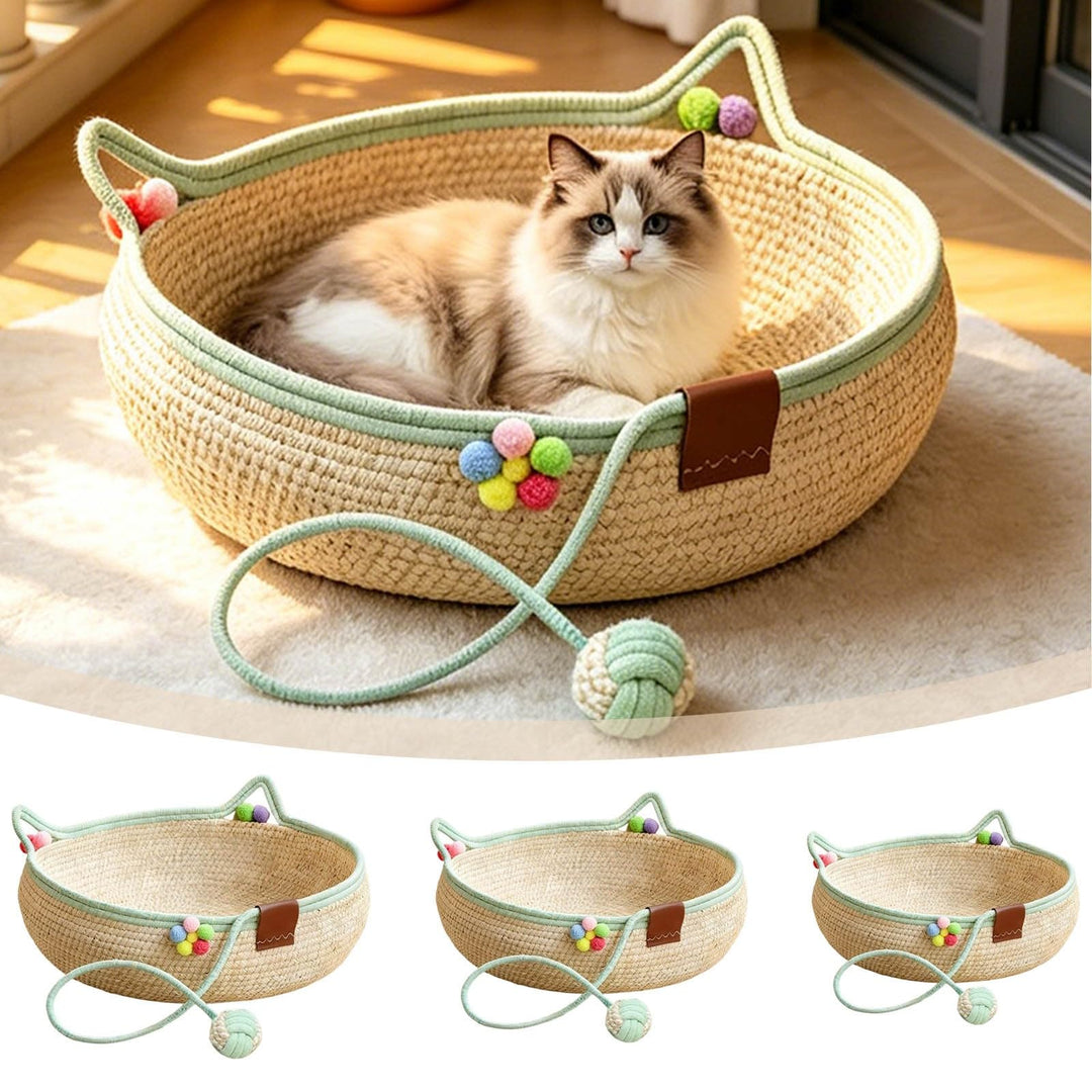 Katzenbett für Hauskatzen, Haustierzubehör, Naturbeige mit Hellgrünen Kanten, Geflochtenes Naturfase