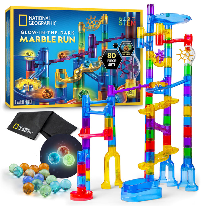 National Geographic Glowing Marble Run – 80 Piece Construction Set with 15 Glow-in-The-Dark Glass Ma