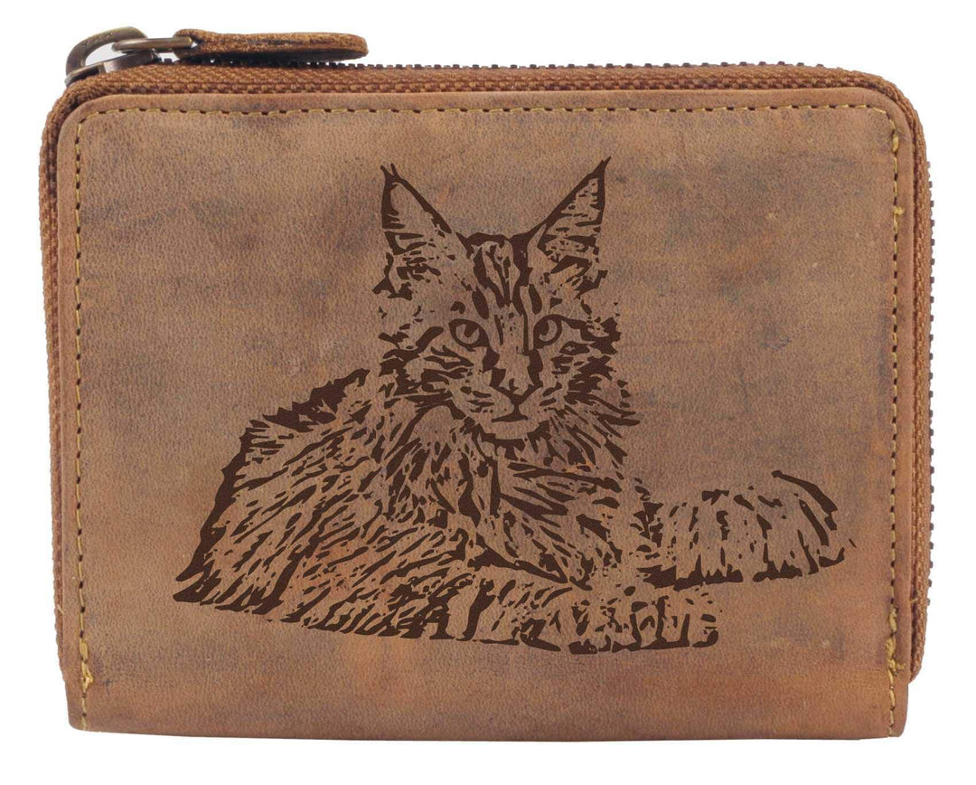 Greenburry Damen Geldbörse Braun 13x10x3cm mit Motiv Einer Maine Coon Katze, Maine Coon