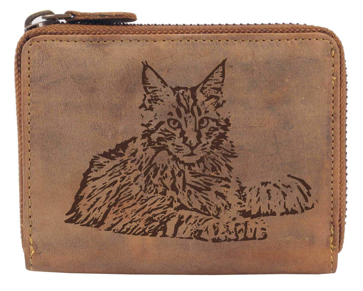 Greenburry Damen Geldbörse Braun 13x10x3cm mit Motiv Einer Maine Coon Katze, Maine Coon