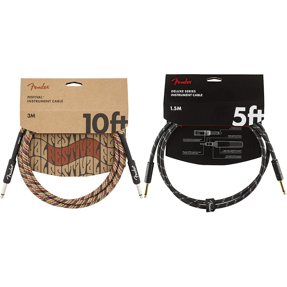 Fender® Festival Kabel, 3m rainbow & Kabel Deluxe Series, 1,5m, black tweed Bundle mit Kabel Einzelb